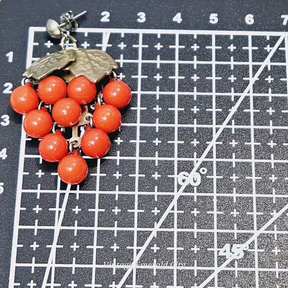 Antique Coral Bunch Grapevine Earrings Golden Leafs Victorian Clusters Dangle - Picture 8 of 12